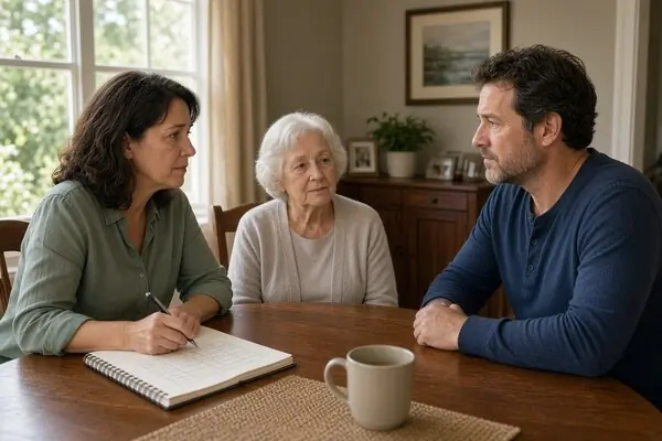 Adult siblings discussing caregiving responsibilities for a parent