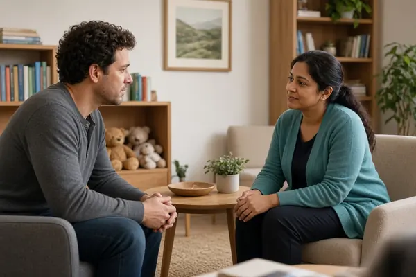 Parent discussing child therapy options with a mental health professional