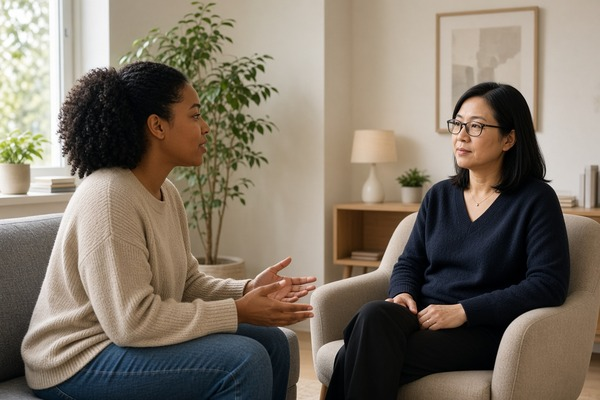 Client and therapist having a comfortable conversation