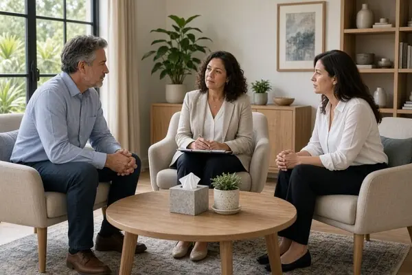 Co-parents discussing a child's therapy with a psychologist