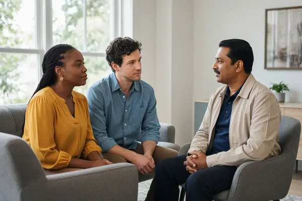 Couple and therapist during a discernment counseling session