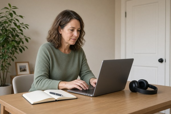 Person preparing privately for an online therapy session