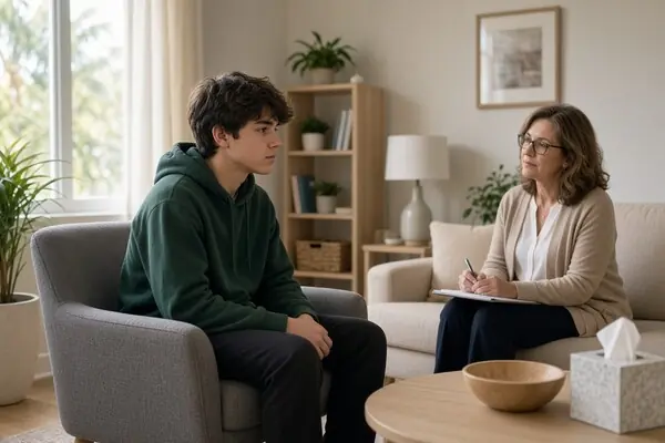 Teenager speaking privately with a therapist