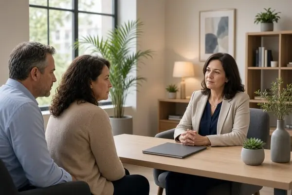 Family discussing court-ordered therapy with psychologist