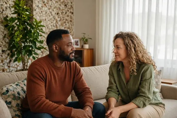 Couple having a calm conversation about therapy