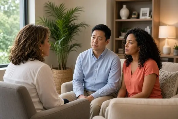 Couple meeting therapist during first therapy session