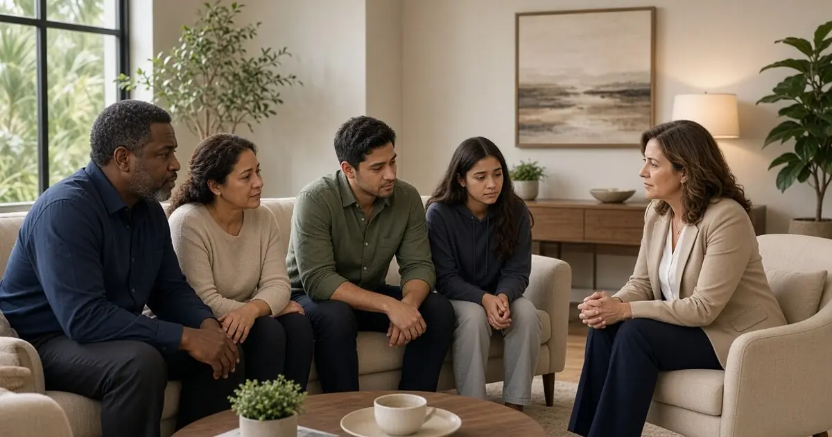 Family talking with a therapist about grief