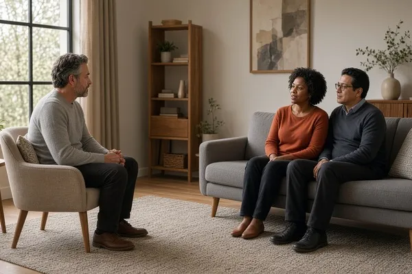 Therapist guiding a couple through a relationship discussion