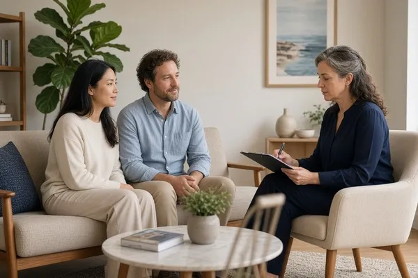 Couple discussing progress with their therapist