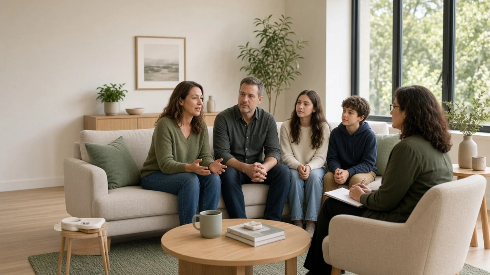 Blended family with parents and children participating in a family therapy session