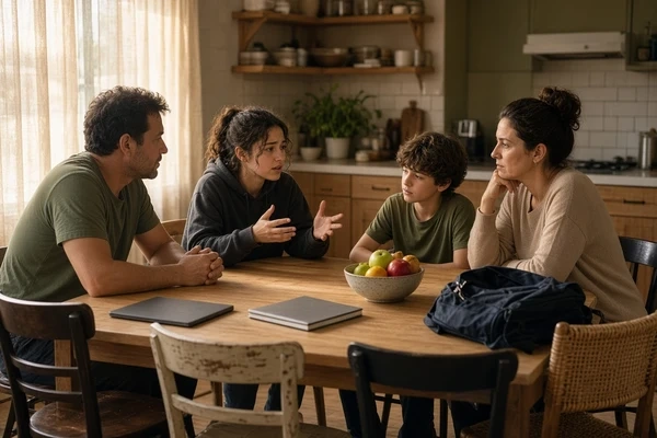 Blended family discussing household expectations around a kitchen dining table