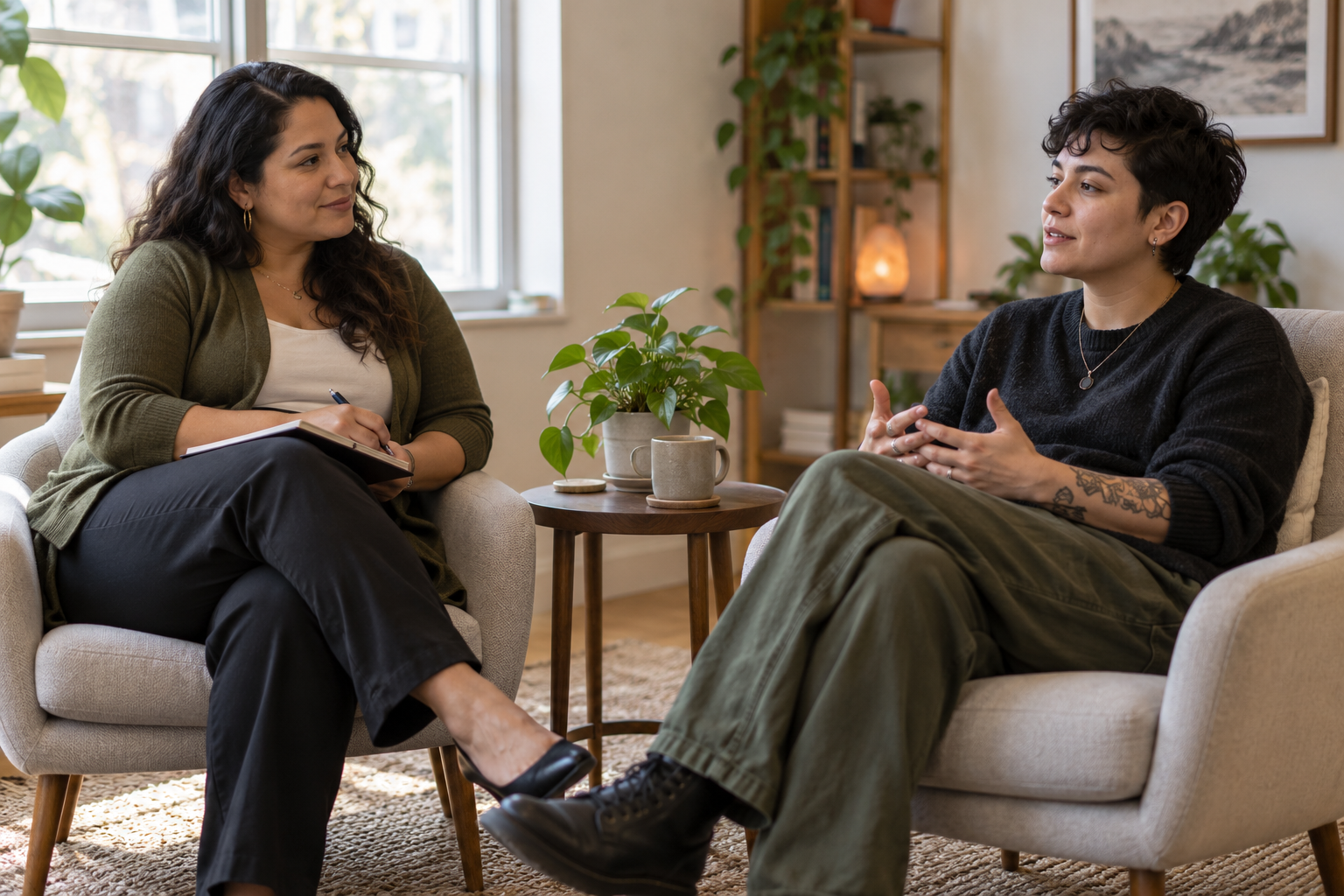 Female therapist listening to a short-haired young adult client during a private counseling session.