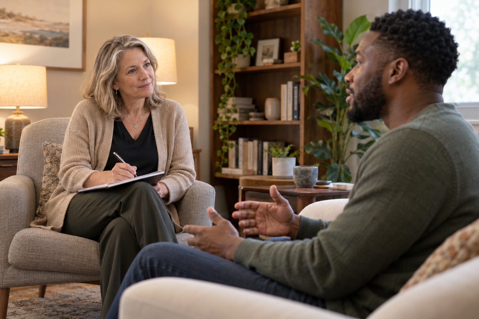 Female therapist taking notes while a Black male client talks during an individual therapy session.