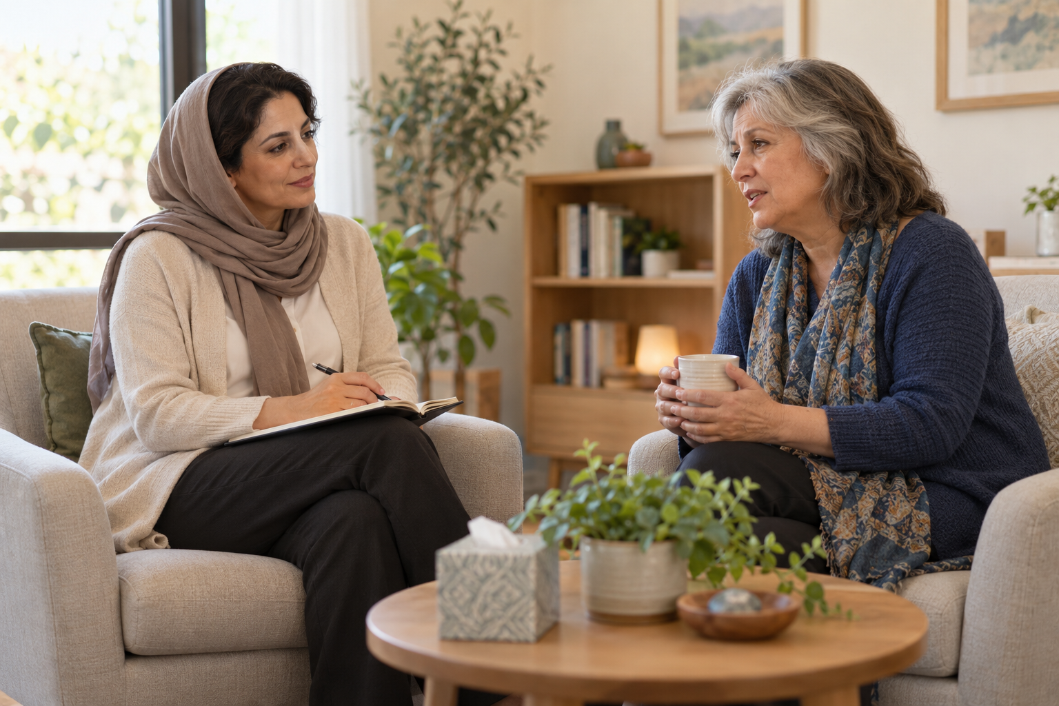 Therapist wearing a headscarf listening to an older woman holding a mug during individual counseling.