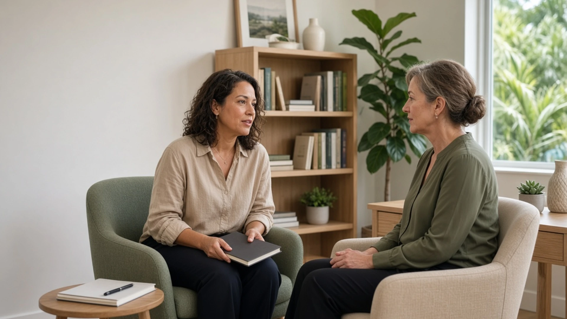 Woman discussing personal goals with a mental health professional in a Florida consultation office.
