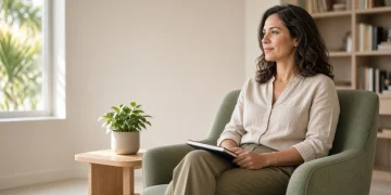 Adult woman reflecting on her progress after individual therapy in a comfortable psychologist's office.
