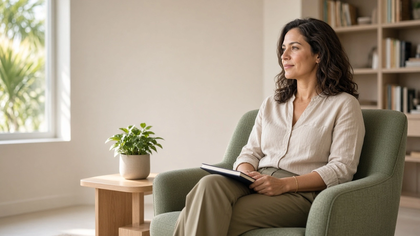 Adult woman reflecting on her progress after individual therapy in a comfortable psychologist's office.