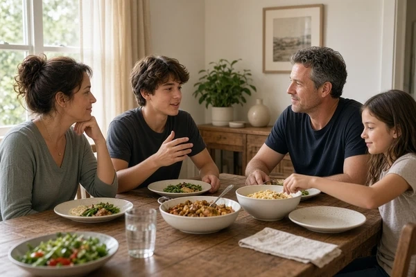 Blended family sharing a relaxed dinner as they develop stronger relationships
