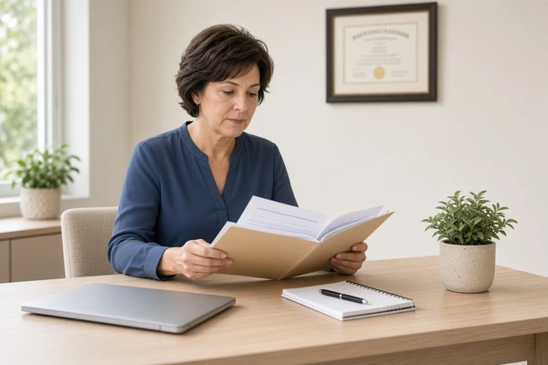 Licensed psychologist reviewing professional credentials in a Florida clinical office.