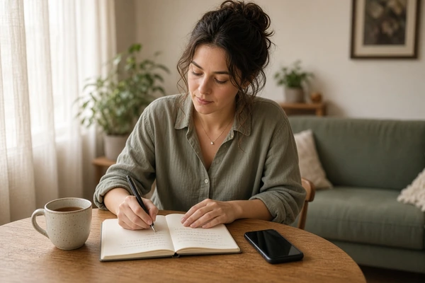 Adult client writing personal thoughts in a notebook before an individual therapy session