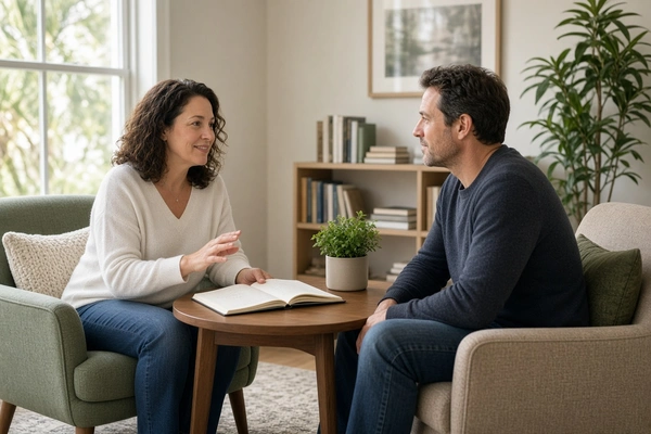 Psychologist and adult client reviewing therapy goals and personal progress during a counseling session.
