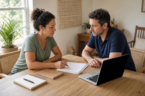 Florida parents reviewing parenting course and family support paperwork at their kitchen table