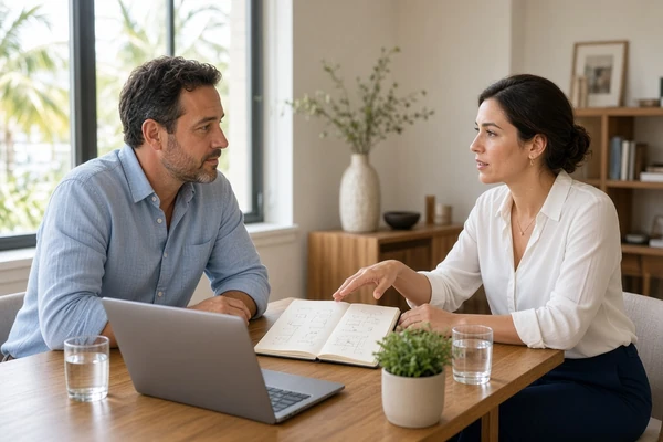 Life coach helping a client discuss career goals and personal development plans.