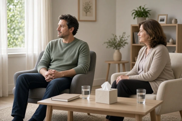 Client taking a thoughtful pause during a therapy session while a psychologist listens patiently