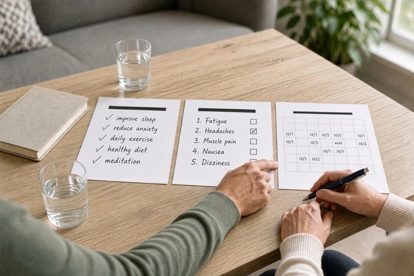 Therapy client and psychologist discussing treatment goals, symptom questionnaires, and progress between appointments.