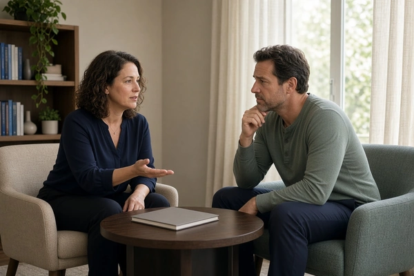 Licensed therapist discussing confidentiality and records with a parent during a private consultation