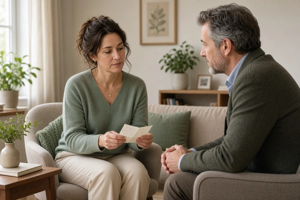 Client holding a personal note while preparing to discuss a difficult subject with a supportive therapist