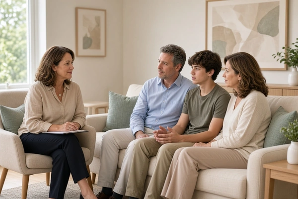 Family therapist facilitating a counseling session with two parents and their teenage child