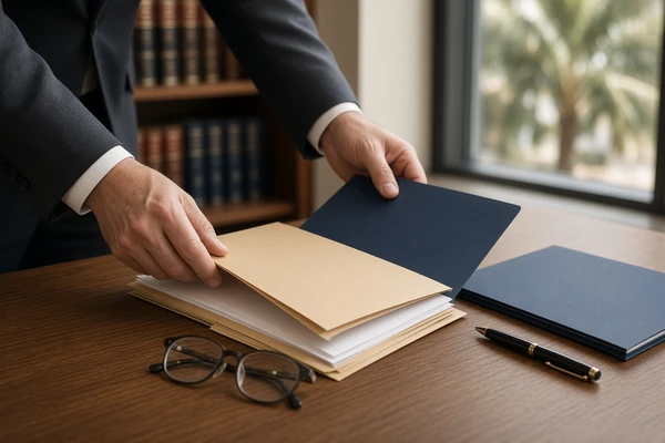 Confidential therapy records arranged on a legal office desk during a court-related consultation.
