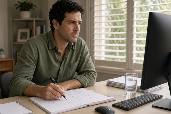 Adult professional reviewing missed deadlines and unfinished tasks at a home office desk.