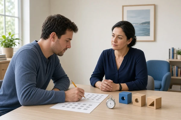 Psychologist conducting a clinical cognitive assessment with an adult client in a Florida office.