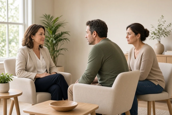 Parent attending an initial family therapy consultation at a welcoming South Florida psychology office