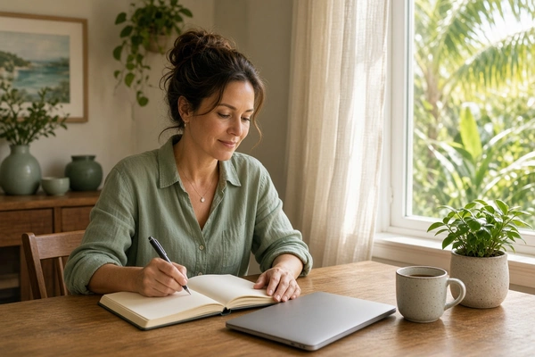 Adult woman reflecting in her journal at home while maintaining healthy routines after completing therapy.